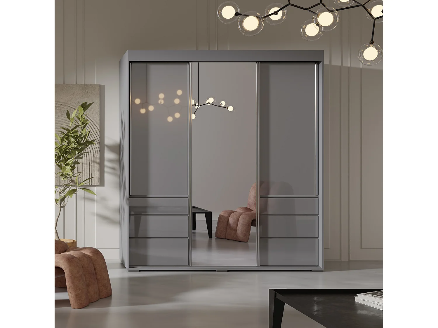 Schiebetürenschrank mit Schubladen und Spiegel  Torino 3D1L 180 Grau (Lacobel)