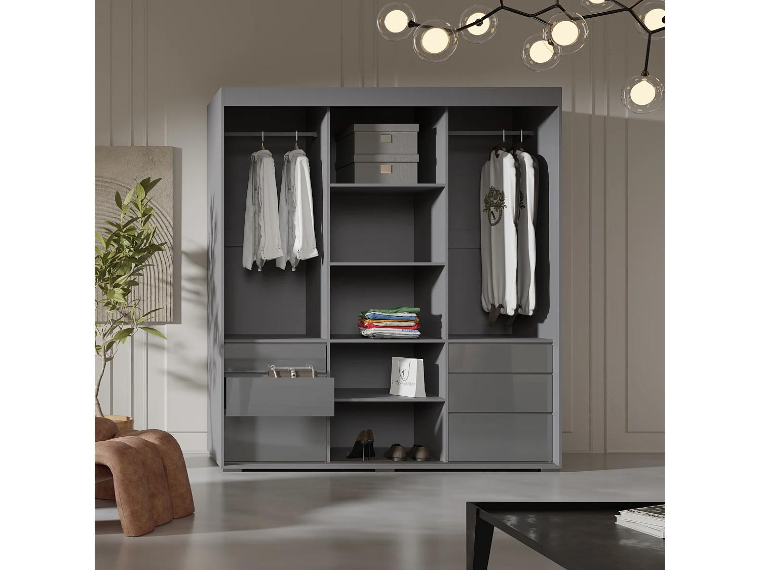 Schiebetürenschrank mit Schubladen und Spiegel  Torino 3D1L 180 Grau (Lacobel)