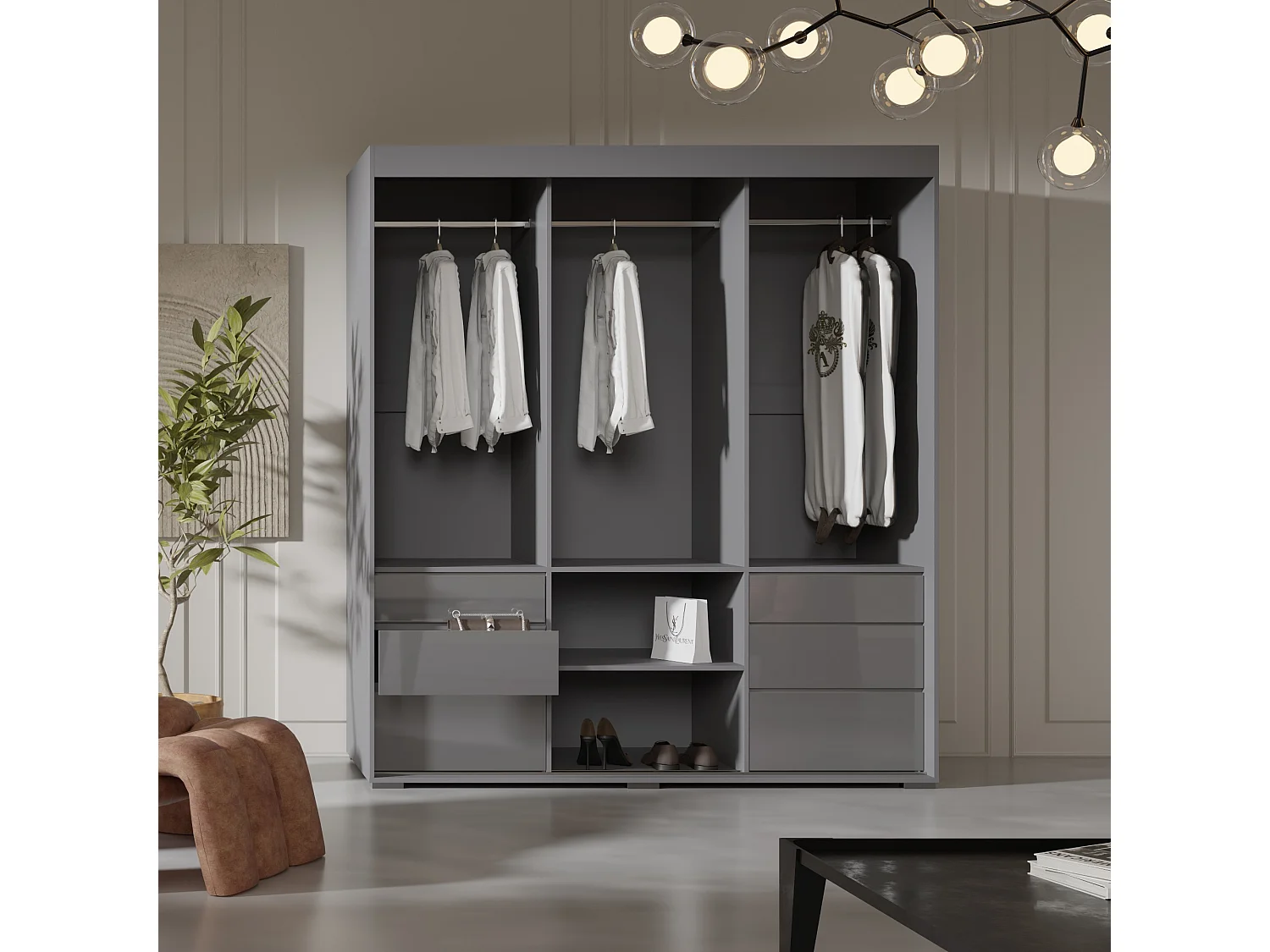 Schiebetürenschrank mit Schubladen und Spiegel  Torino 3D1L 180 Grau (Lacobel)