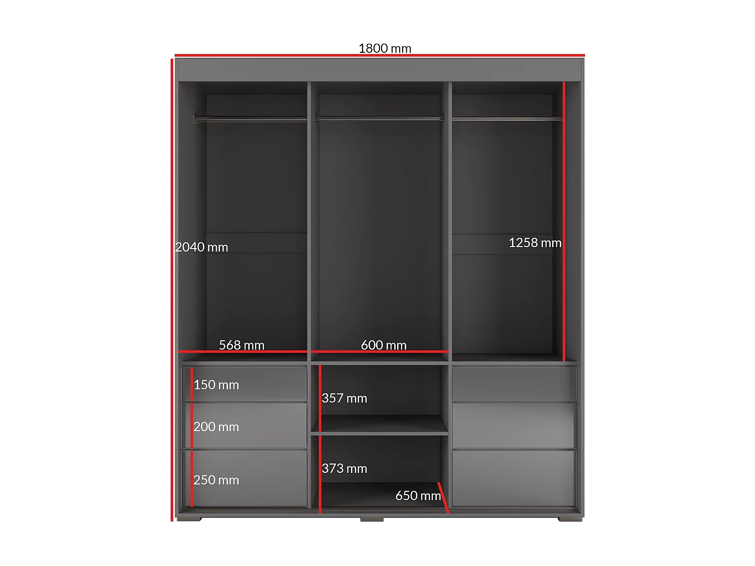 Schiebetürenschrank mit Schubladen und Spiegel  Torino 3D1L 180 Grau (Lacobel)