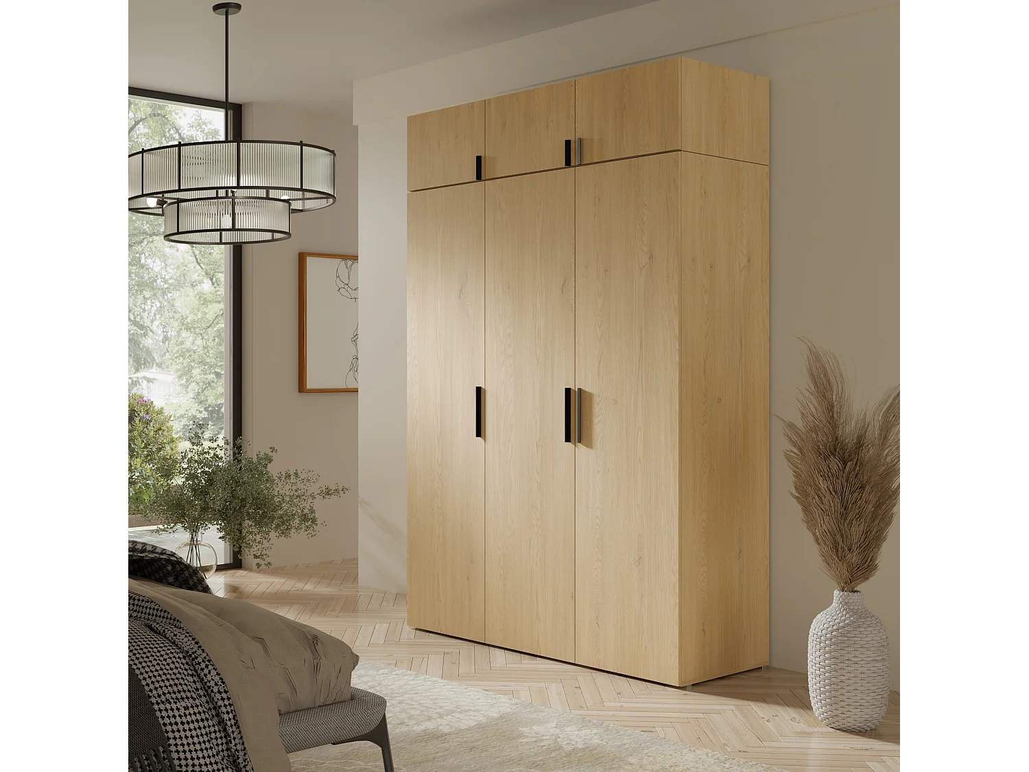 Drehtürenschrank mit Aufsatz Napoli 3D 150 Eiche Cremona (schwarzer oder goldener Griff)