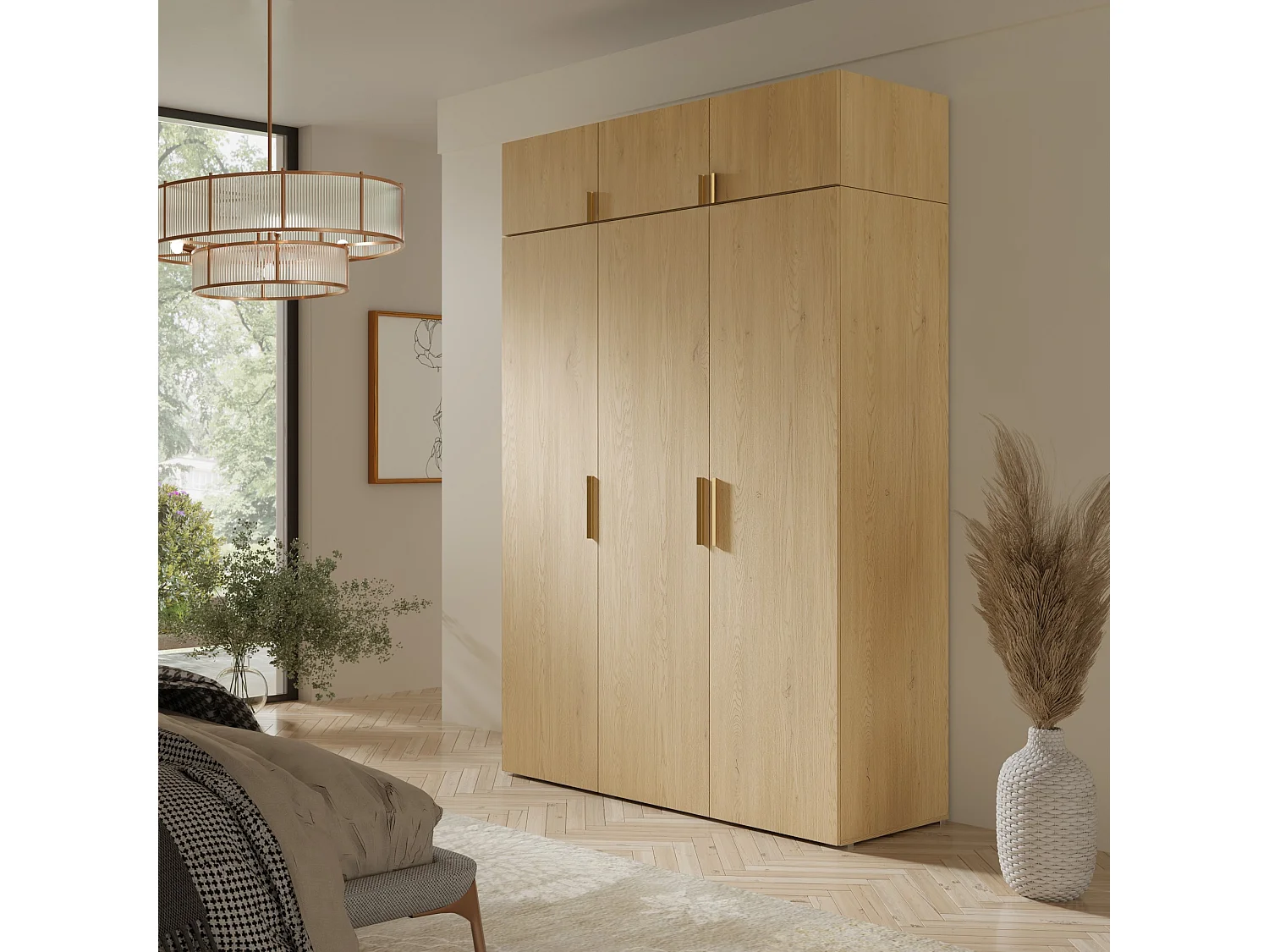 Drehtürenschrank mit Aufsatz Napoli 3D 150 Eiche Cremona (schwarzer oder goldener Griff)