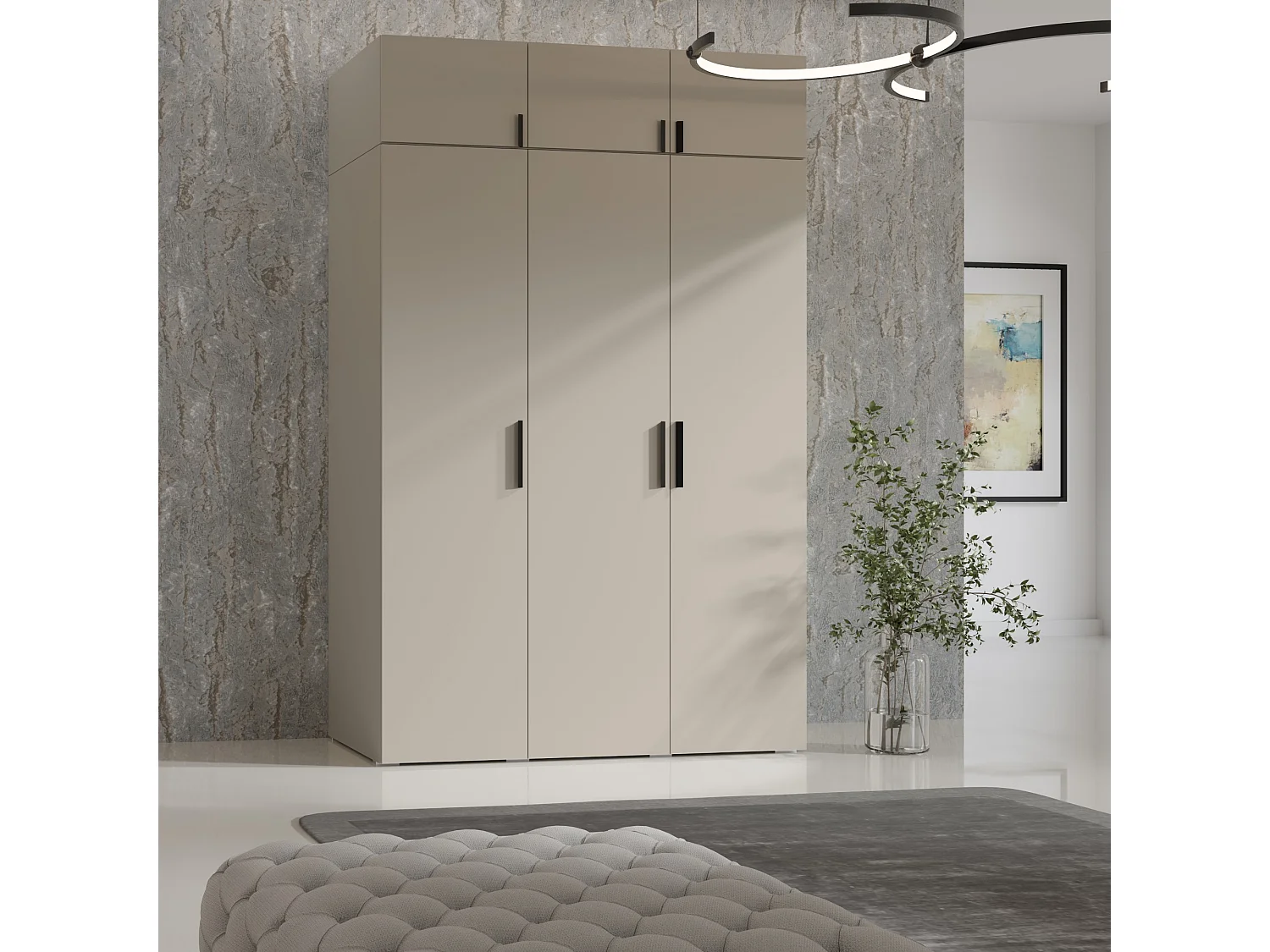 Drehtürenschrank mit Aufsatz Napoli 3D 150 Kaschmir (schwarzer oder goldener Griff)