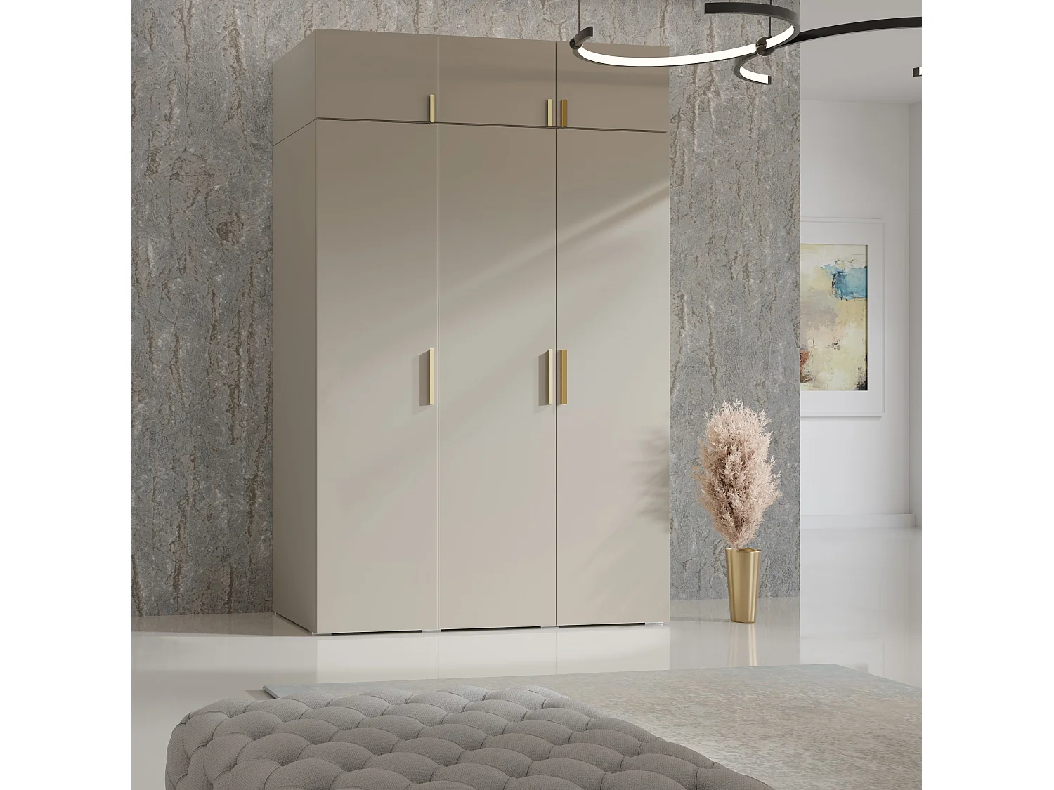 Drehtürenschrank mit Aufsatz Napoli 3D 150 Kaschmir (schwarzer oder goldener Griff)