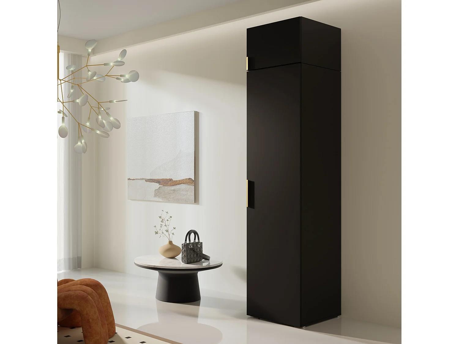 Drehtürenschrank mit Einlegeböden und Aufsatz Napoli 1D 50 Schwarz (schwarzer oder goldener Griff)