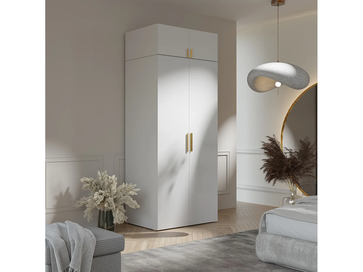 Drehtürenschrank mit Aufsatz Napoli 2D 100 Weiß (schwarzer oder goldener Griff)