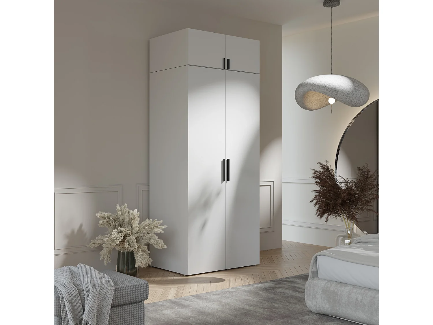 Drehtürenschrank mit Aufsatz Napoli 2D 100 Weiß (schwarzer oder goldener Griff)