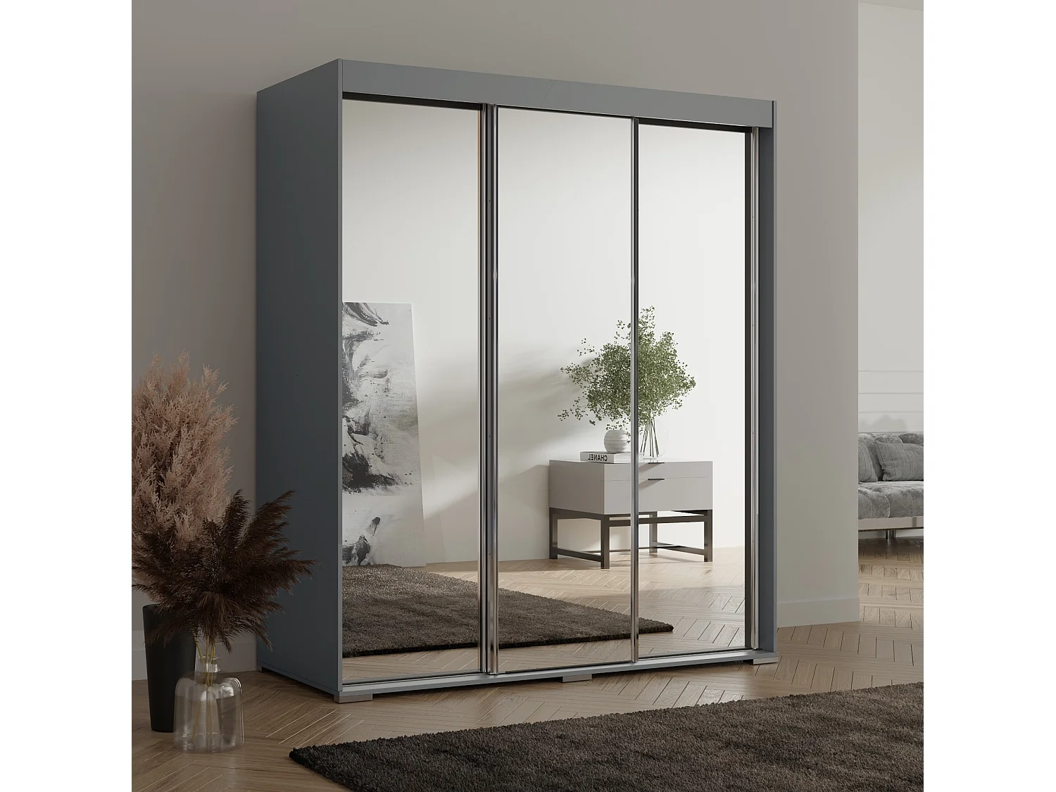 Schiebetürenchrank mit Schubladen und Spiegel Como 3D3L 180 Grau