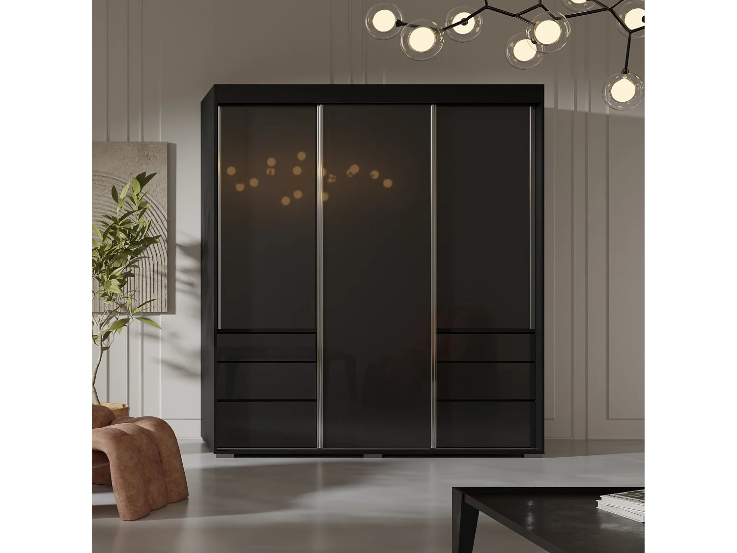 Schiebetürenschrank mit Schubladen 3D 180 Schwarz (Lacobel)