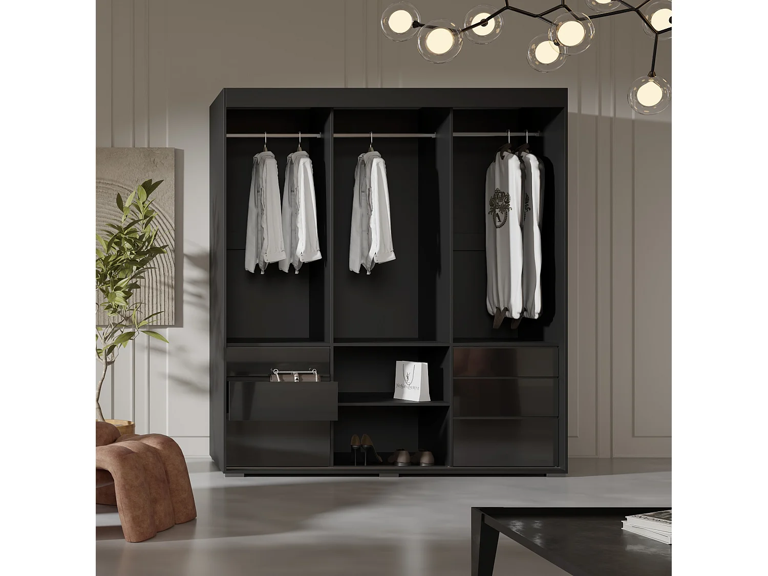 Schiebetürenschrank mit Schubladen 3D 180 Schwarz (Lacobel)