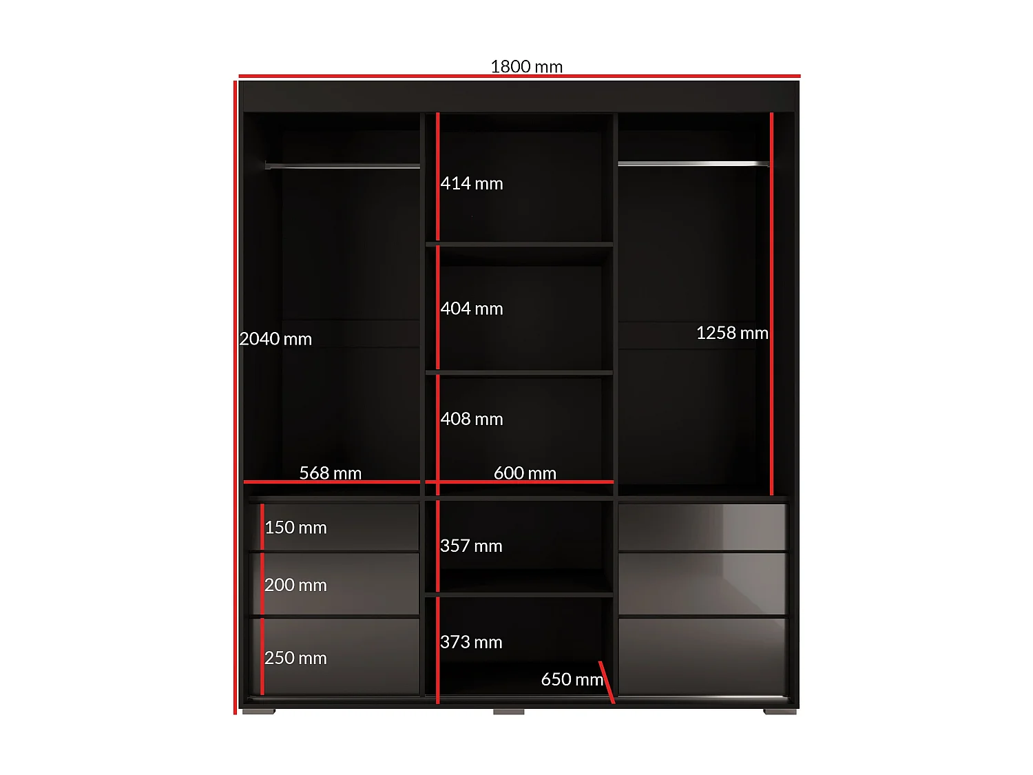 Schiebetürenschrank mit Schubladen 3D 180 Schwarz (Lacobel)