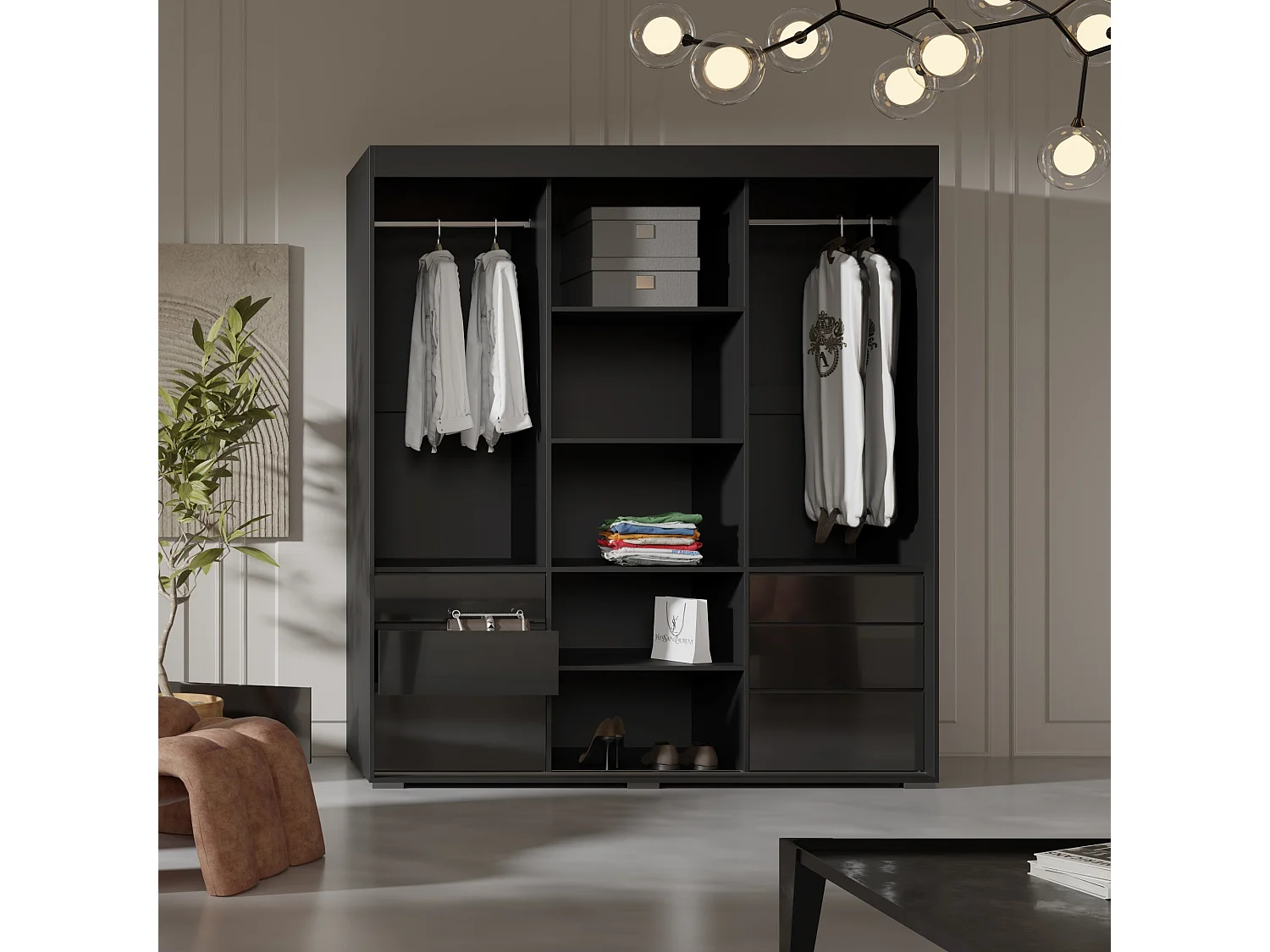 Schiebetürenschrank mit Schubladen 3D 180 Schwarz (Lacobel)