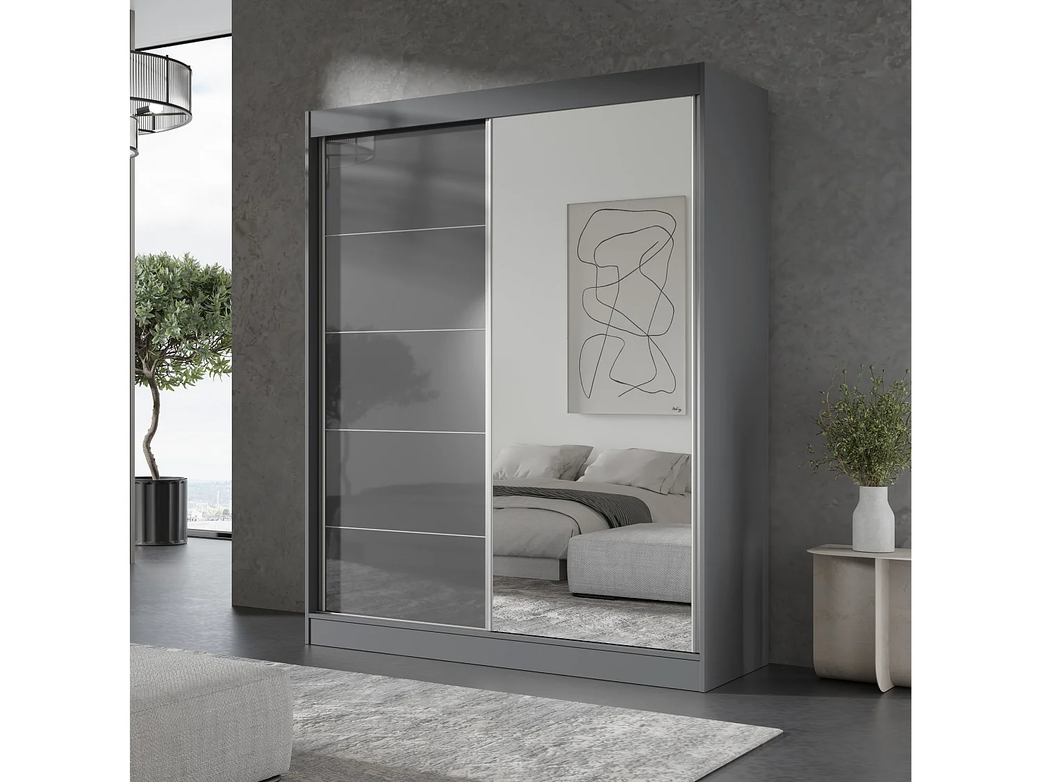 Schiebetürenchrank mit Spiegel Como 2D1L 150 Grau (lacobel)