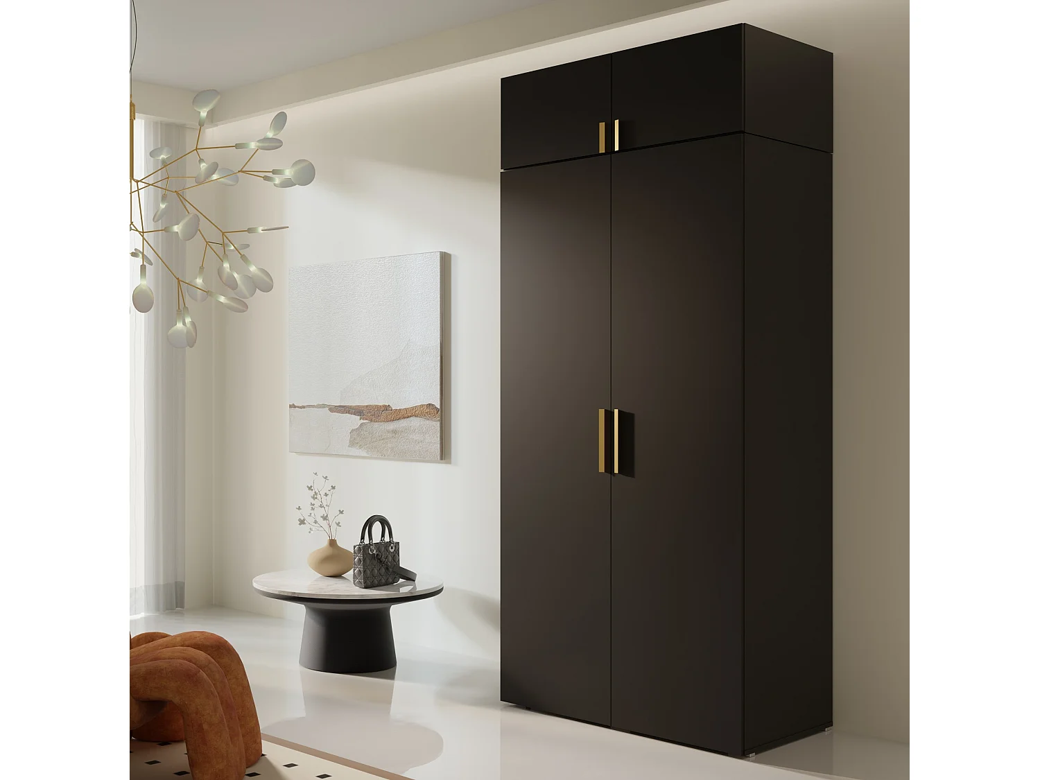 Drehtürenschrank mit Aufsatz Napoli 2D 100 Schwarz (schwarzer oder goldener Griff)