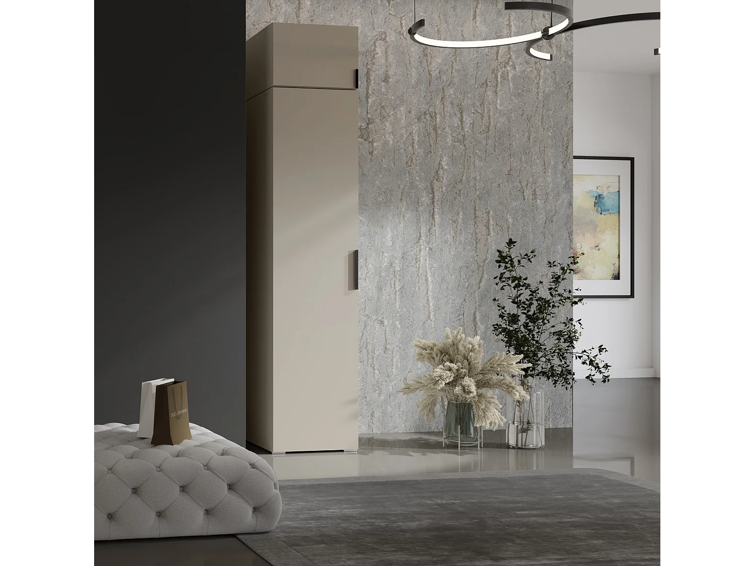 Drehtürenschrank mit Einlegeböden und Aufsatz Napoli 1D 50 Kaschmir (schwarzer oder goldener Griff)