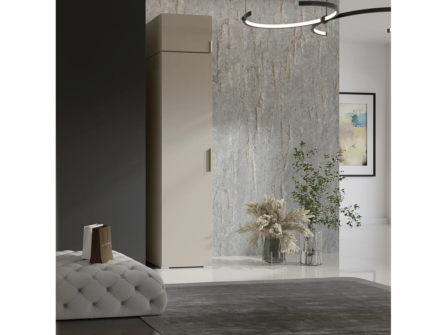 Drehtürenschrank mit Einlegeböden und Aufsatz Napoli 1D 50 Kaschmir (schwarzer oder goldener Griff)