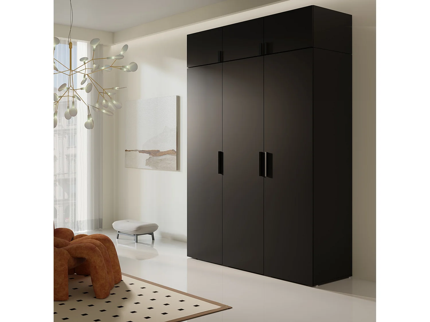 Drehtürenschrank mit Aufsatz Napoli 3D 150 Schwarz (schwarzer oder goldener Griff)