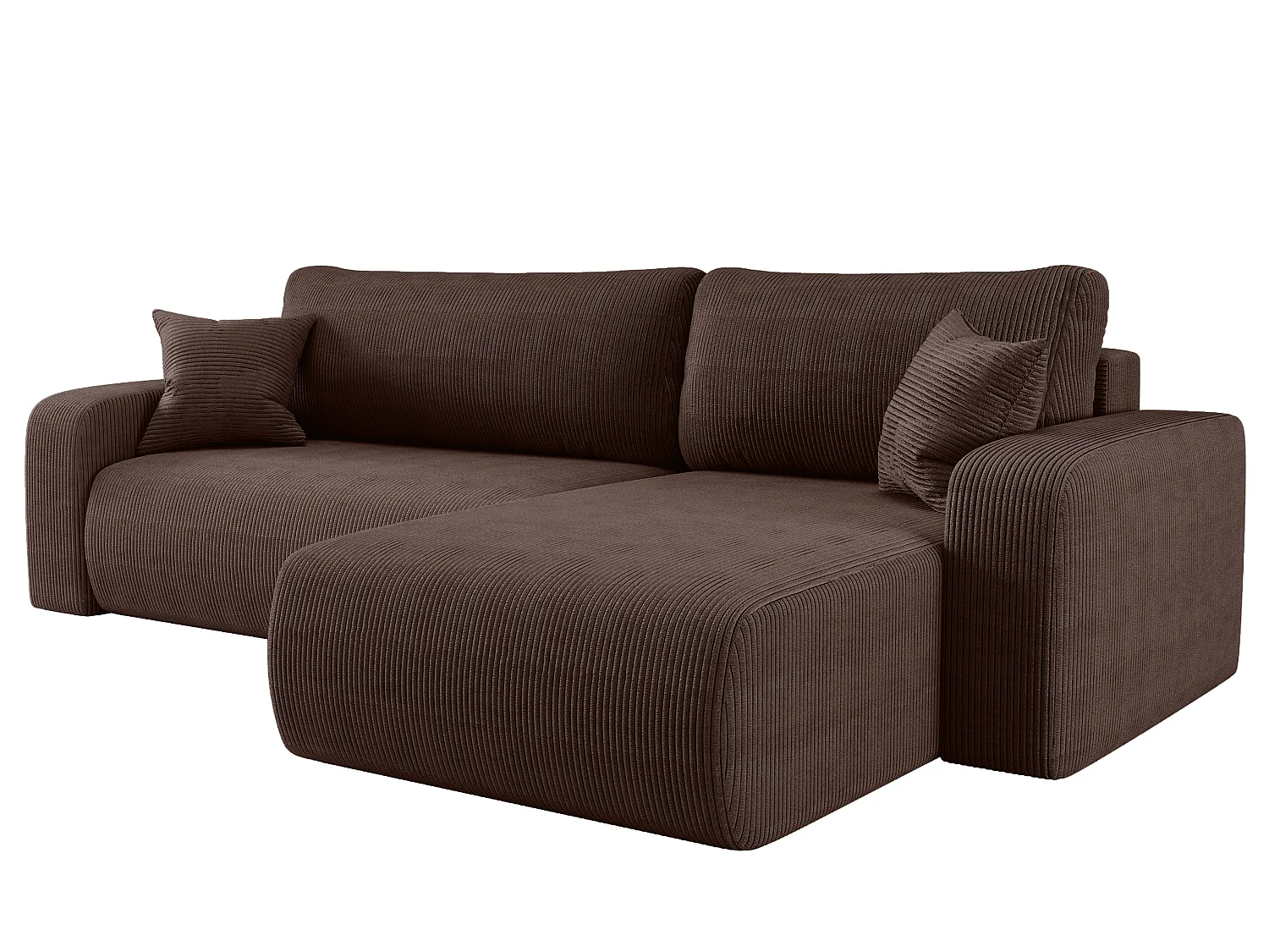 Canapé d’angle réversible PIANIOO XL convertible – Velours côtelé brun chocolat, grand coffre de rangement, fonction couchage, angle universel gauche/droite
