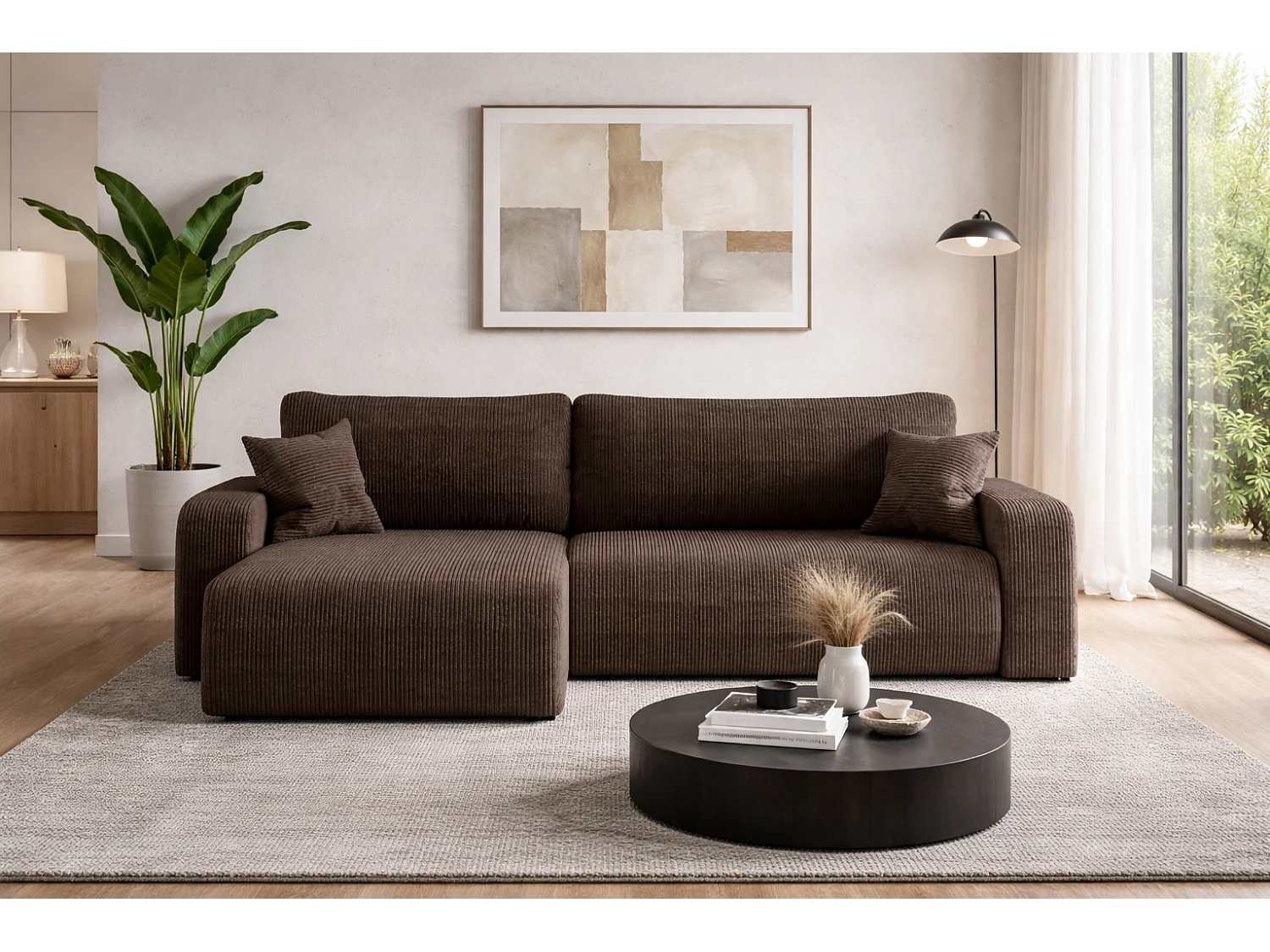 Canapé d’angle réversible PIANIOO XL convertible – Velours côtelé brun chocolat, grand coffre de rangement, fonction couchage, angle universel gauche/droite