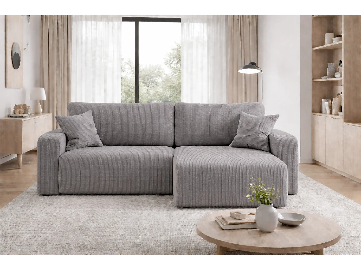 Canapé d’angle réversible PIANIOO L convertible – Velours côtelé gris, fonction couchage, grand coffre de rangement, angle universel gauche/droite