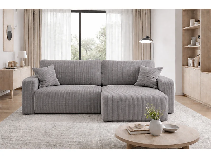 Canapé d’angle réversible PIANIOO L convertible – Velours côtelé gris, fonction couchage, grand coffre de rangement, angle universel gauche/droite