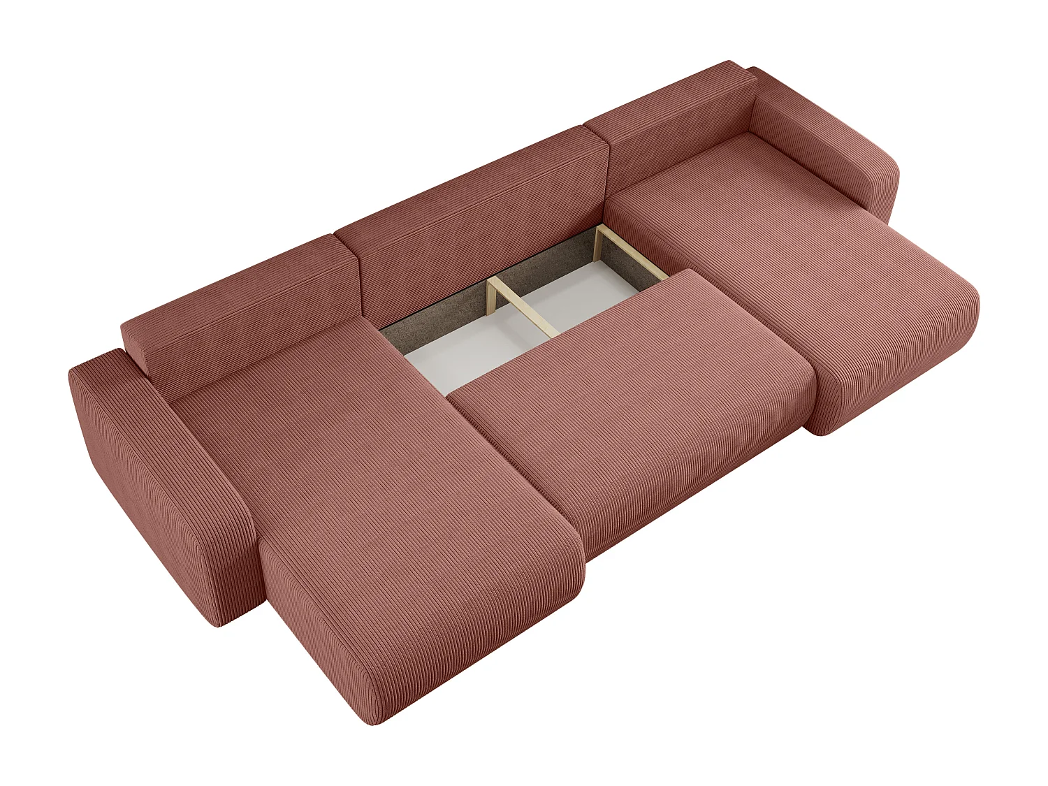 Canapé d’angle réversible PIANIOO U convertible – Velours côtelé cuivre, grand coffre de rangement, fonction couchage, angle universel gauche/droite