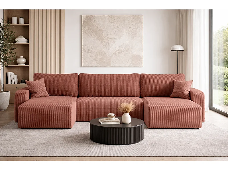 Canapé d’angle réversible PIANIOO U convertible – Velours côtelé cuivre, grand coffre de rangement, fonction couchage, angle universel gauche/droite