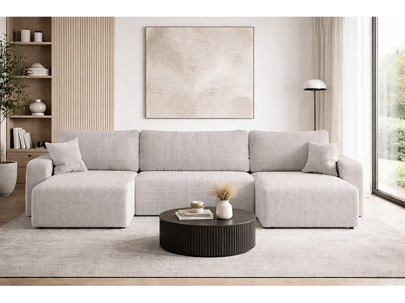 Canapé d’angle réversible PIANIOO U convertible – Velours côtelé blanc, grand coffre de rangement, fonction couchage, angle universel gauche/droite