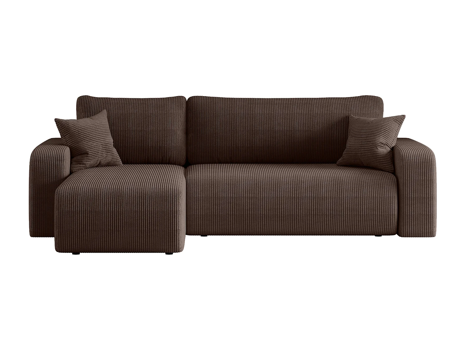 Canapé d’angle réversible PIANIOO L convertible – Velours côtelé brun chocolat, fonction couchage, grand coffre de rangement, angle universel gauche/droite