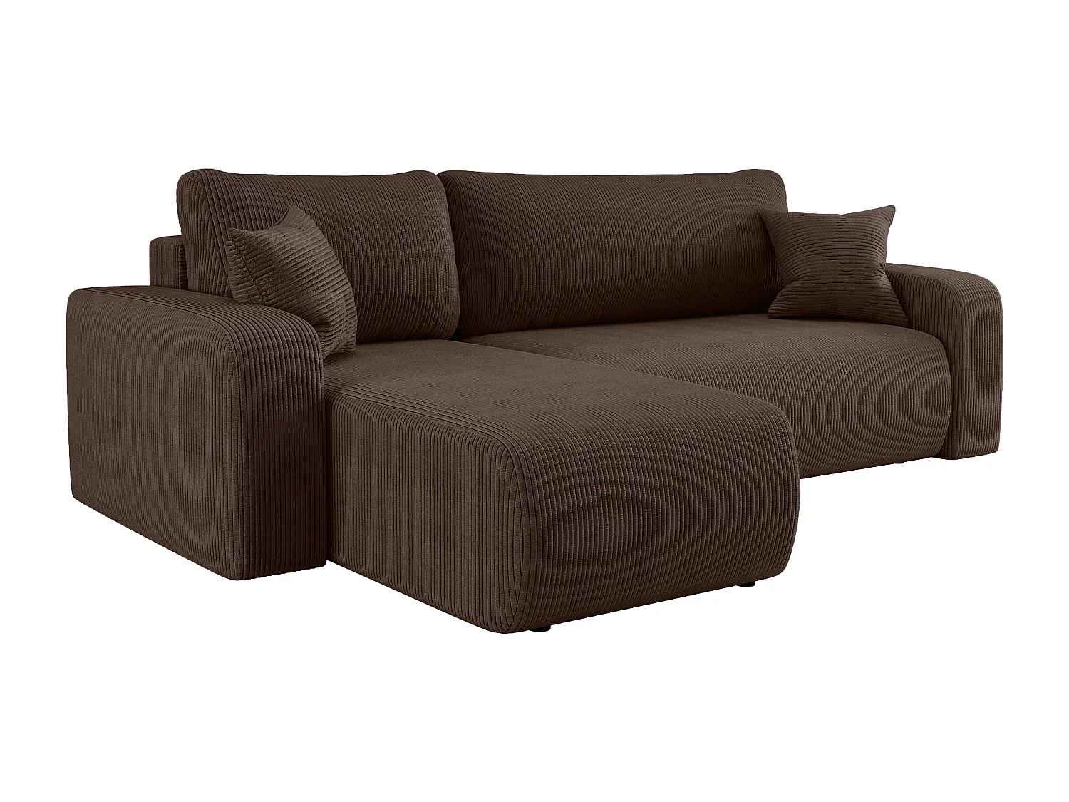 Canapé d’angle réversible PIANIOO L convertible – Velours côtelé brun chocolat, fonction couchage, grand coffre de rangement, angle universel gauche/droite