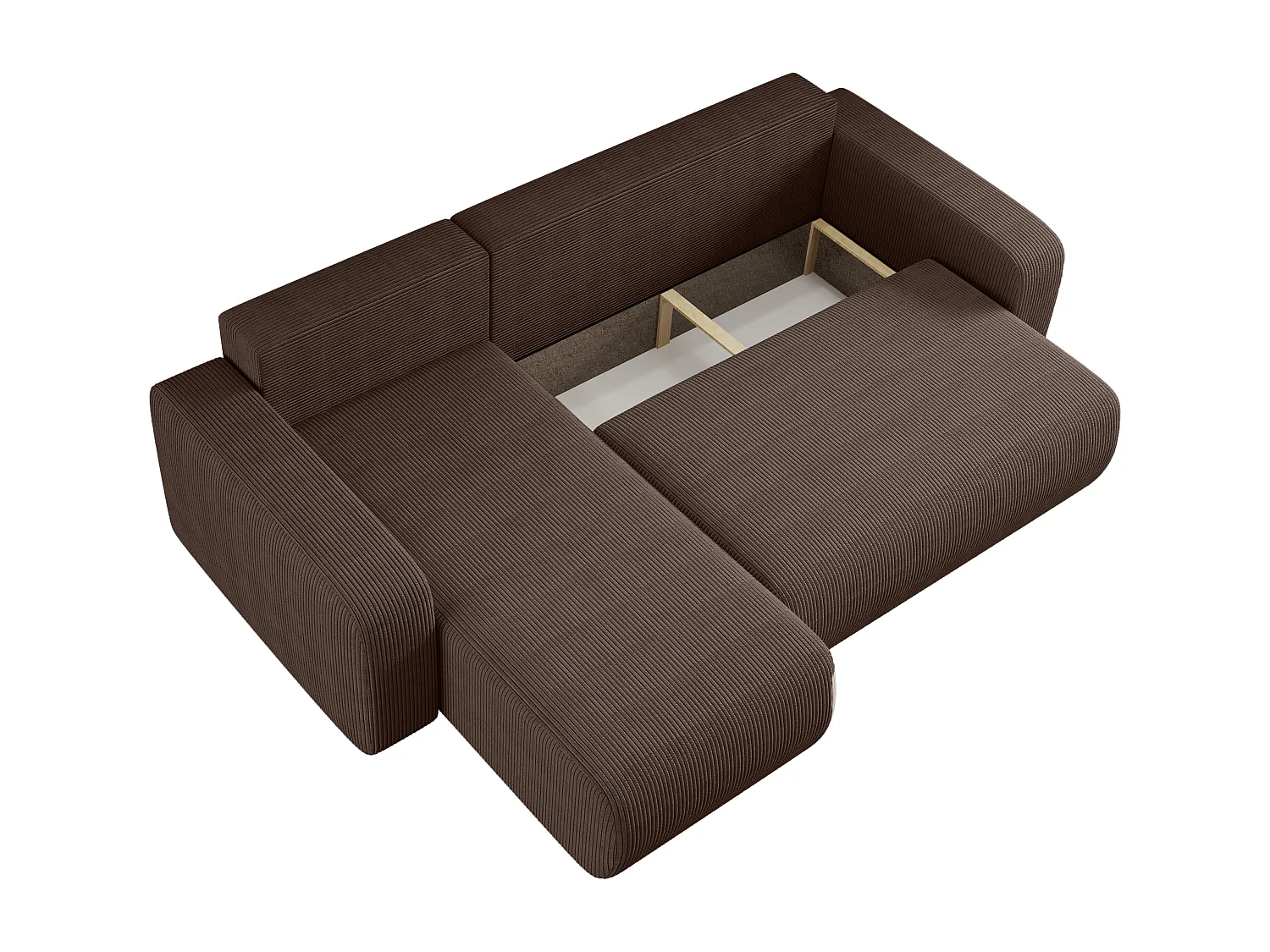 Canapé d’angle réversible PIANIOO L convertible – Velours côtelé brun chocolat, fonction couchage, grand coffre de rangement, angle universel gauche/droite