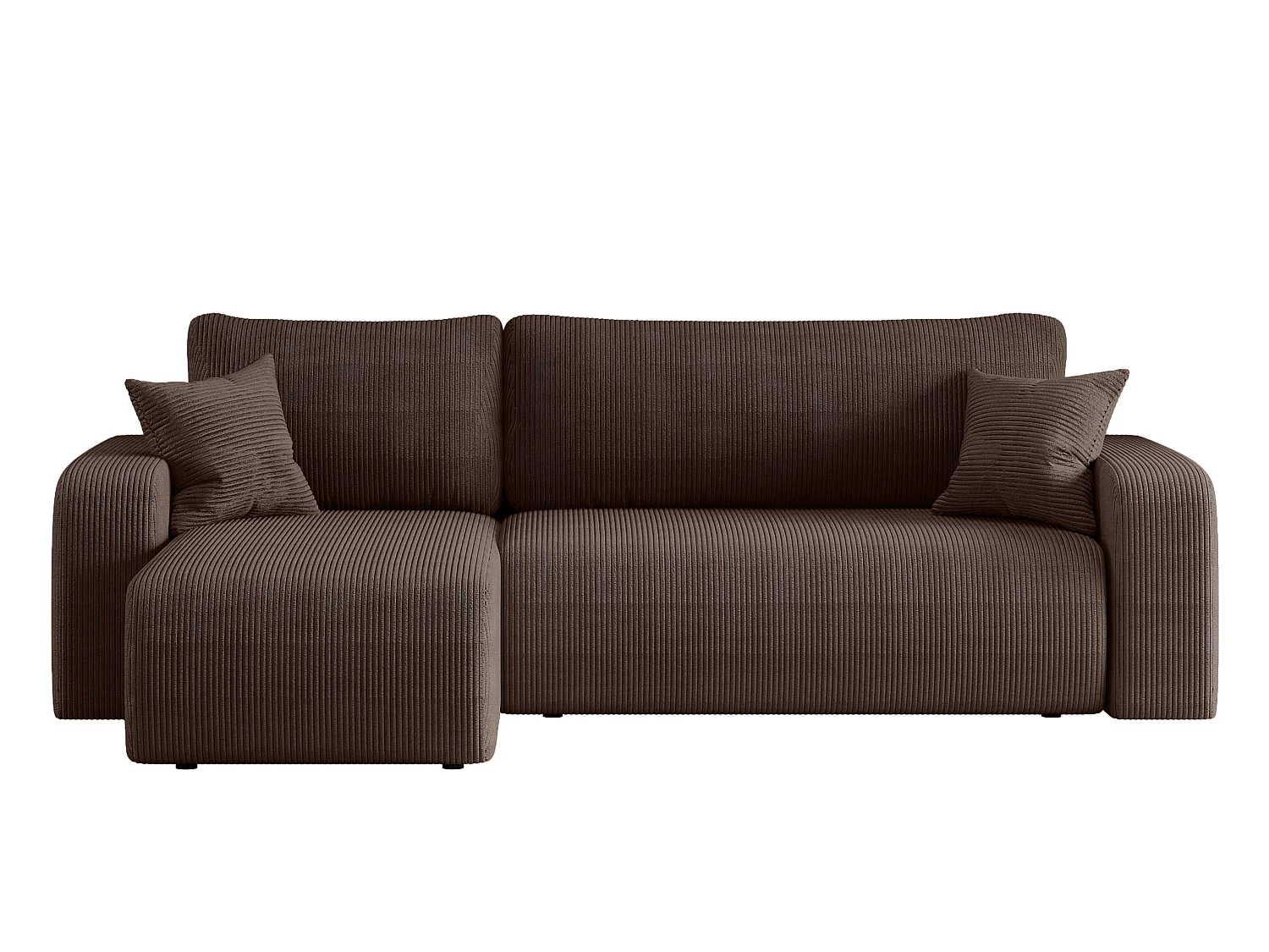 Canapé d’angle réversible PIANIOO L convertible – Velours côtelé brun chocolat, fonction couchage, grand coffre de rangement, angle universel gauche/droite