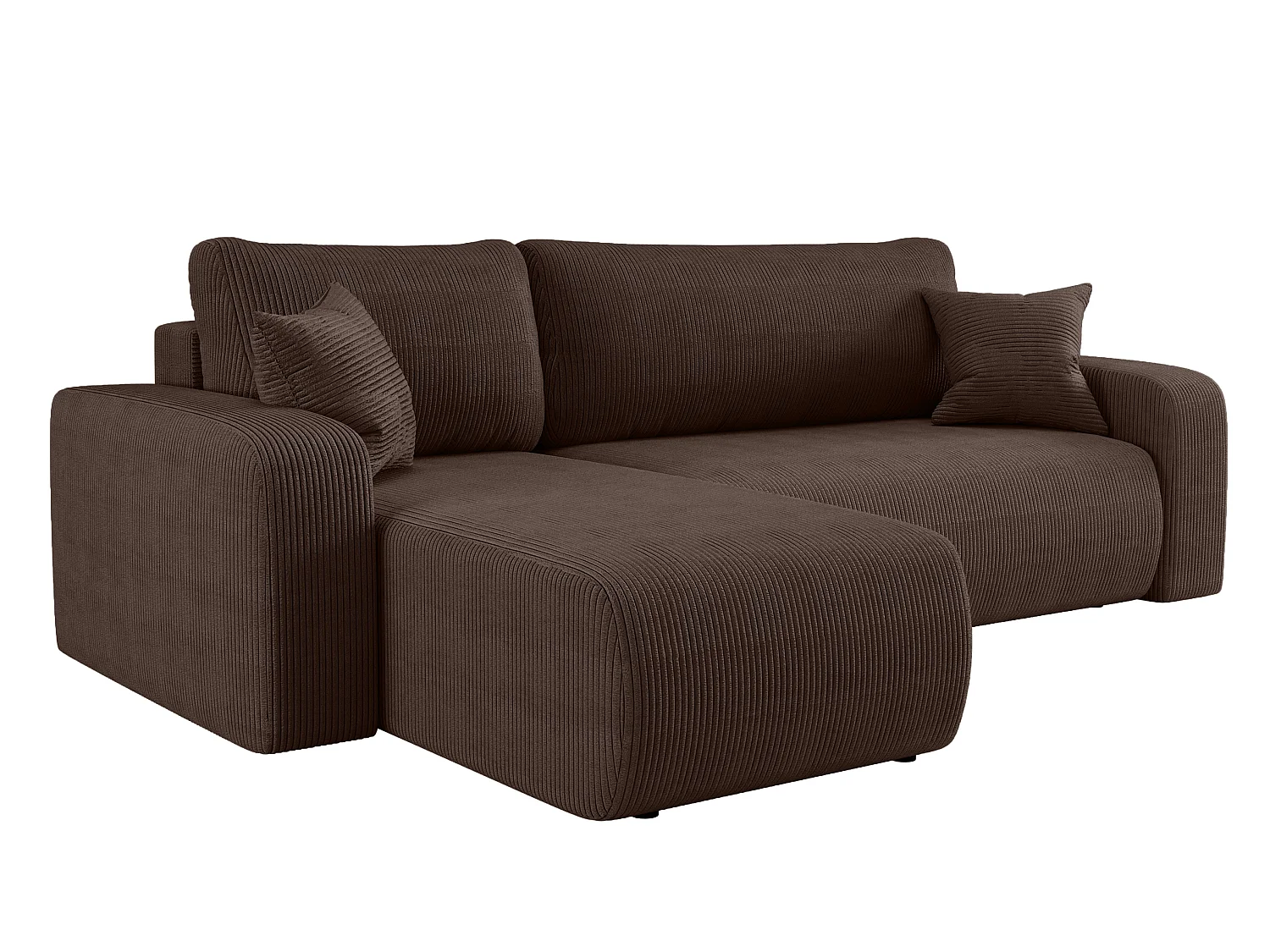 Canapé d’angle réversible PIANIOO L convertible – Velours côtelé brun chocolat, fonction couchage, grand coffre de rangement, angle universel gauche/droite