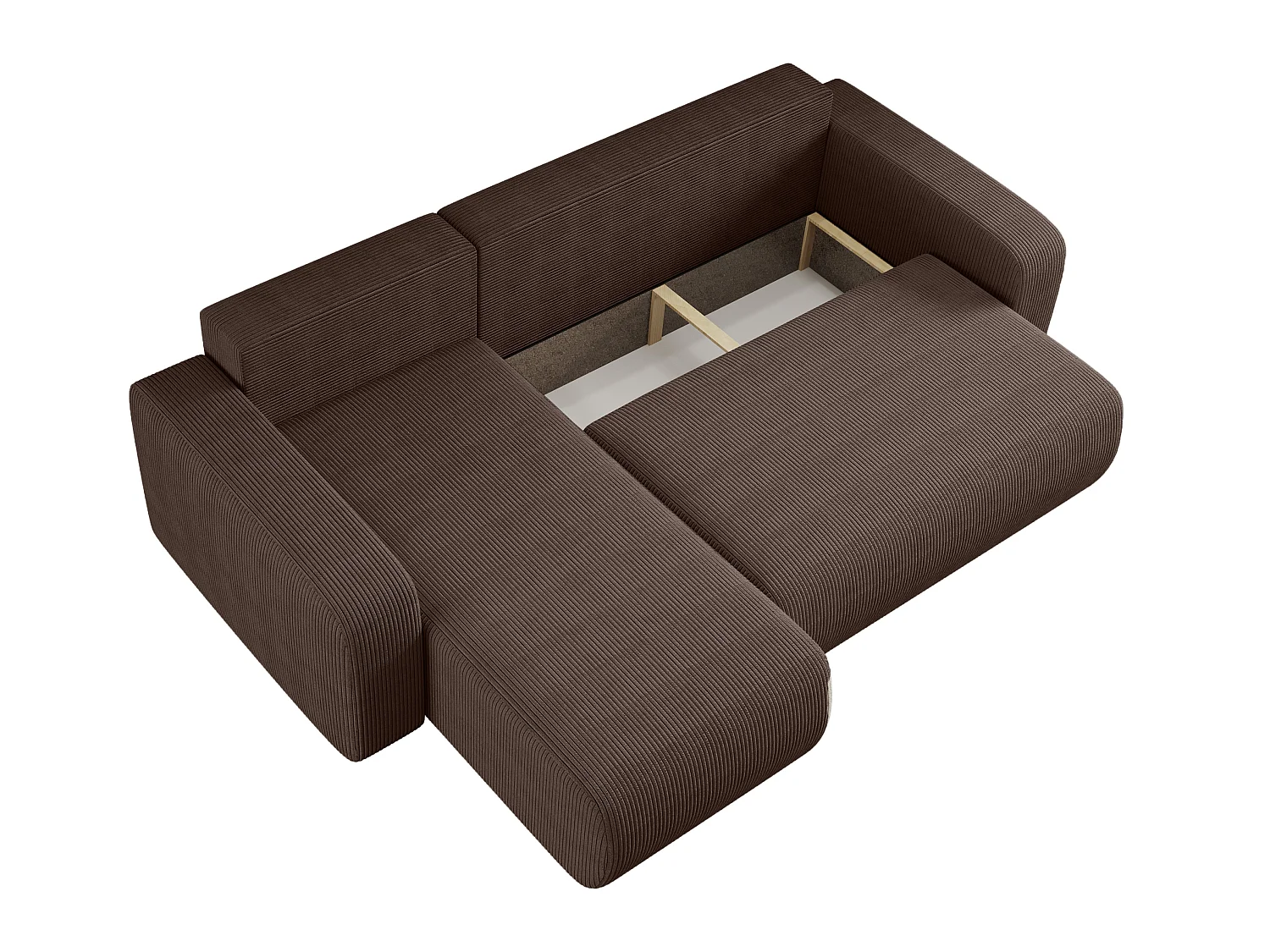 Canapé d’angle réversible PIANIOO L convertible – Velours côtelé brun chocolat, fonction couchage, grand coffre de rangement, angle universel gauche/droite