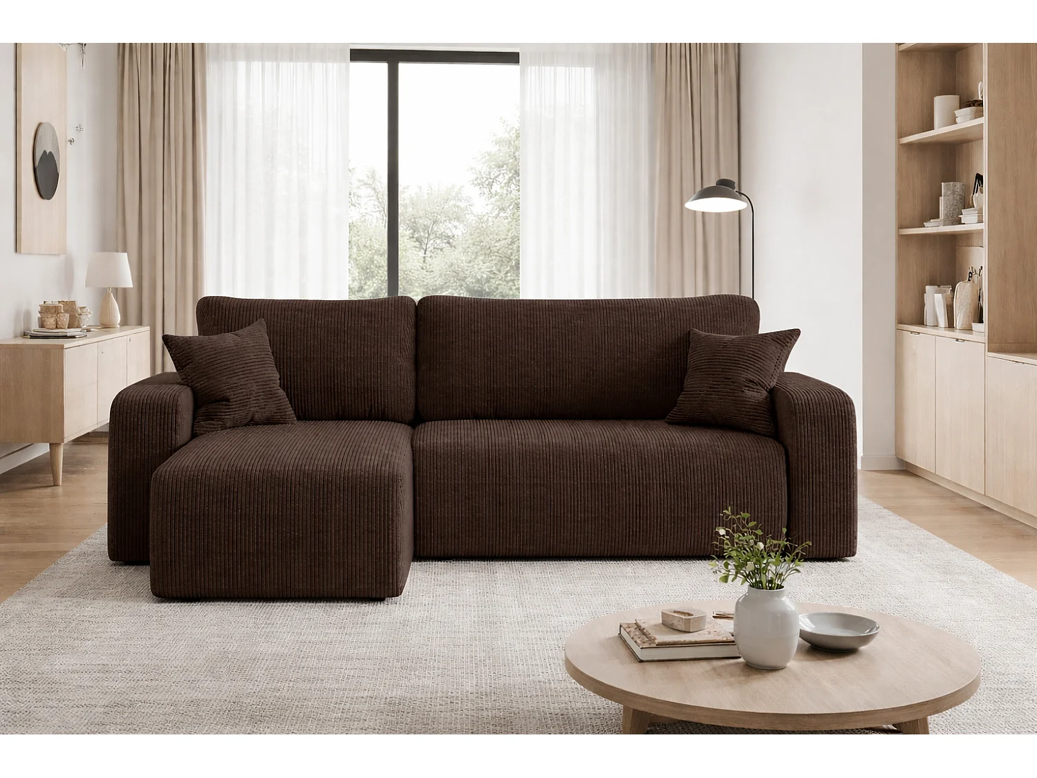 Canapé d’angle réversible PIANIOO L convertible – Velours côtelé brun chocolat, fonction couchage, grand coffre de rangement, angle universel gauche/droite