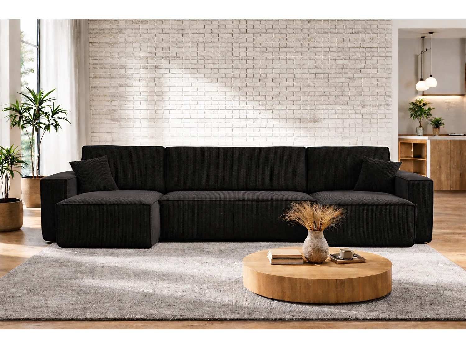 Canapé d’angle réversible PIANIOO U convertible – Velours côtelé noir, grand coffre de rangement, fonction couchage, angle universel gauche/droite