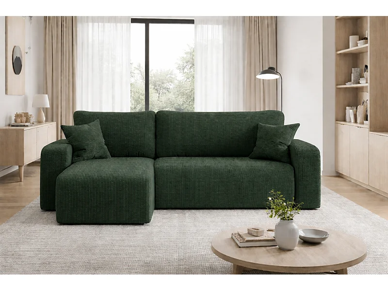 Canapé d’angle réversible PIANIOO L convertible – Velours côtelé vert bouteille, fonction couchage, grand coffre de rangement, angle universel gauche/droite