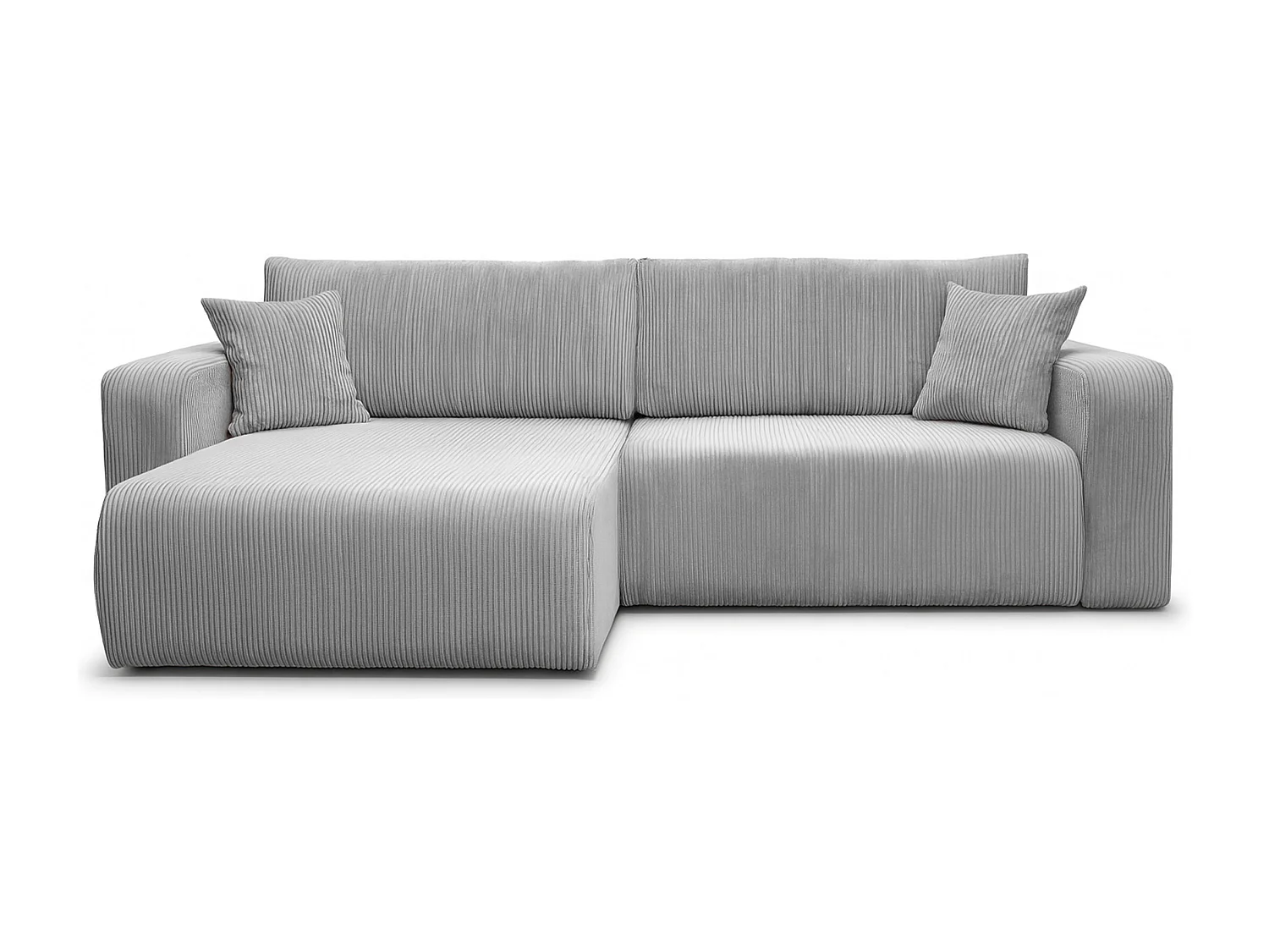 Canapé d’angle réversible FLORA L convertible – Velours côtelé gris clair, fonction couchage, grand coffre de rangement, angle universel gauche/droite