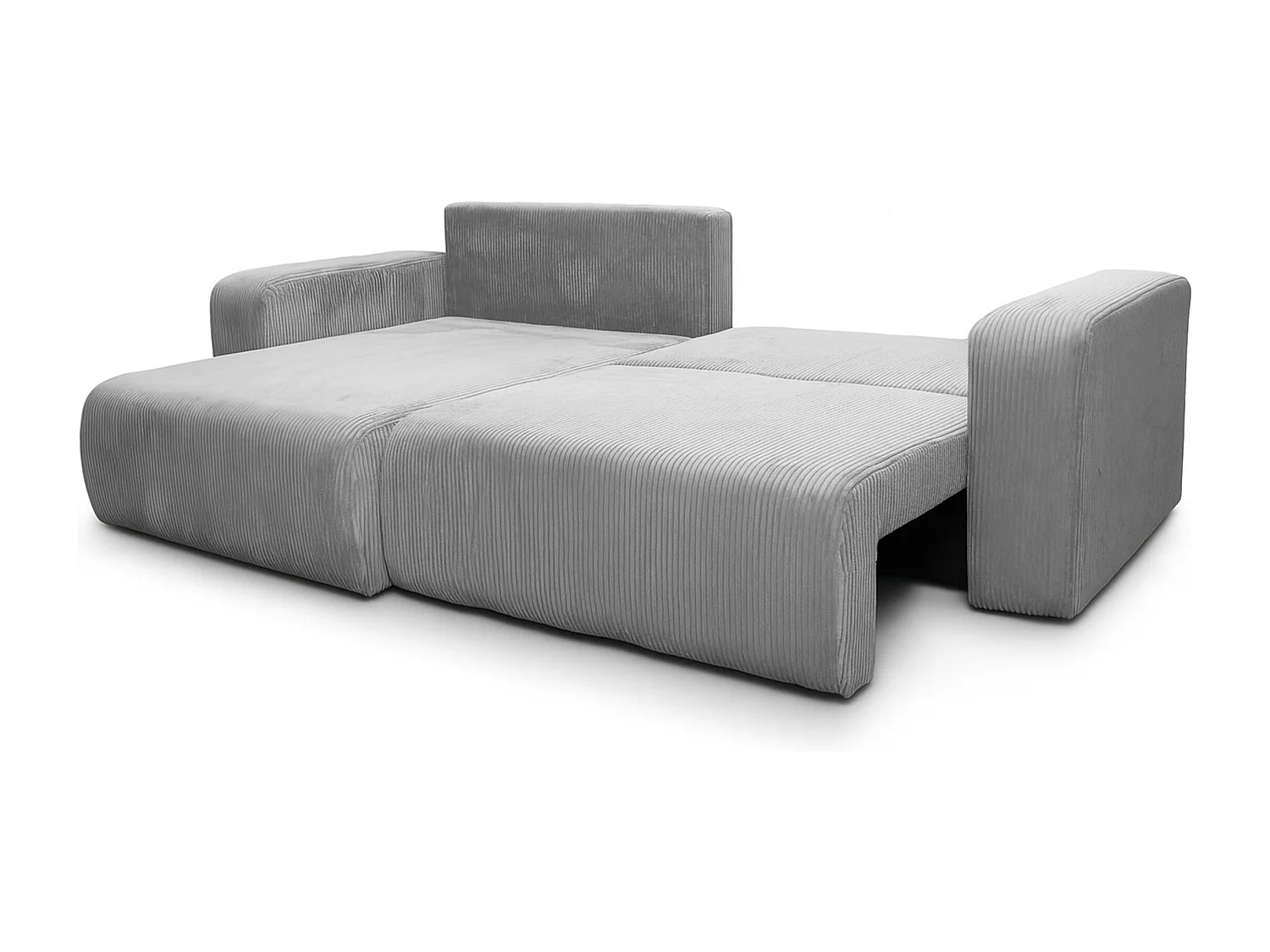 Canapé d’angle réversible FLORA L convertible – Velours côtelé gris clair, fonction couchage, grand coffre de rangement, angle universel gauche/droite