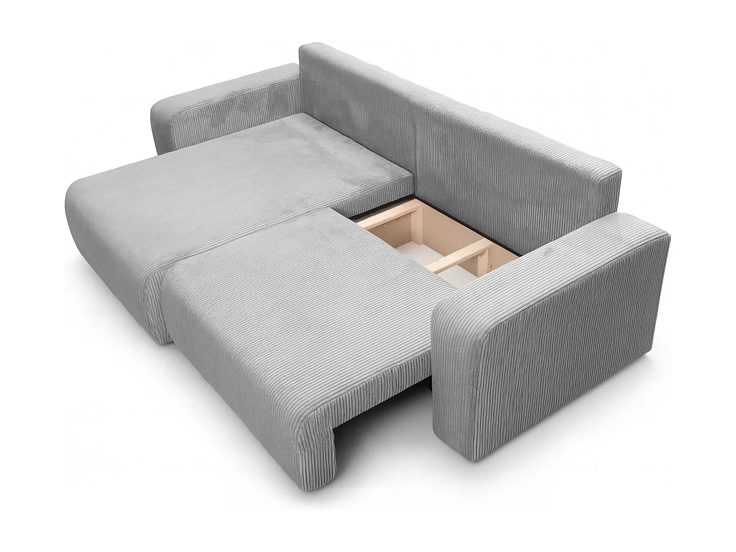 Canapé d’angle réversible FLORA L convertible – Velours côtelé gris clair, fonction couchage, grand coffre de rangement, angle universel gauche/droite