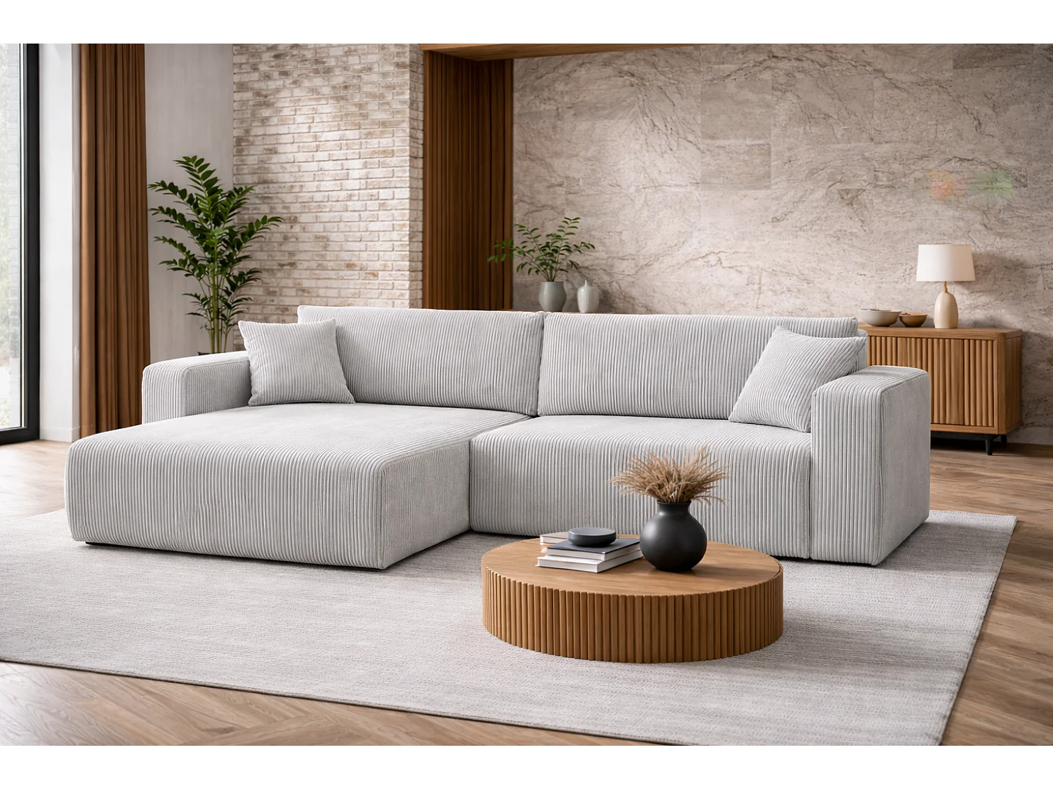 Canapé d’angle réversible FLORA L convertible – Velours côtelé gris clair, fonction couchage, grand coffre de rangement, angle universel gauche/droite