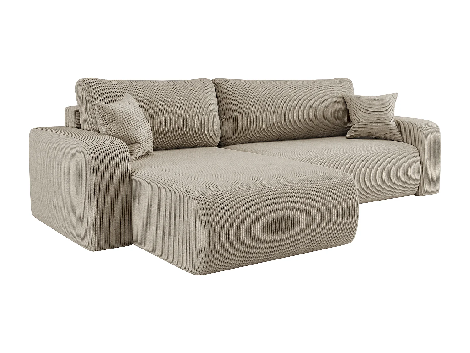 Canapé d’angle réversible PIANIOO XL convertible – Velours côtelé beige, grand coffre de rangement, fonction couchage, angle universel gauche/droite