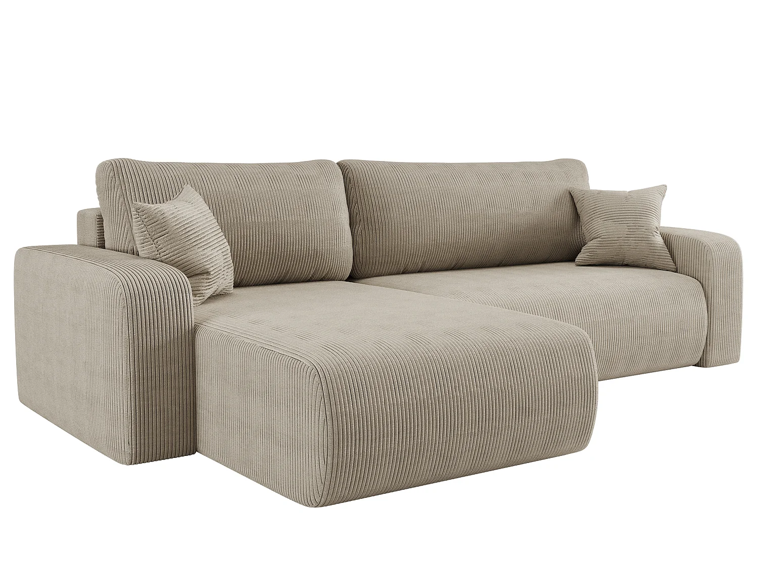 Canapé d’angle réversible PIANIOO XL convertible – Velours côtelé beige, grand coffre de rangement, fonction couchage, angle universel gauche/droite