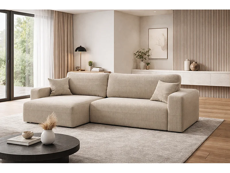 Canapé d’angle réversible PIANIOO XL convertible – Velours côtelé beige, grand coffre de rangement, fonction couchage, angle universel gauche/droite