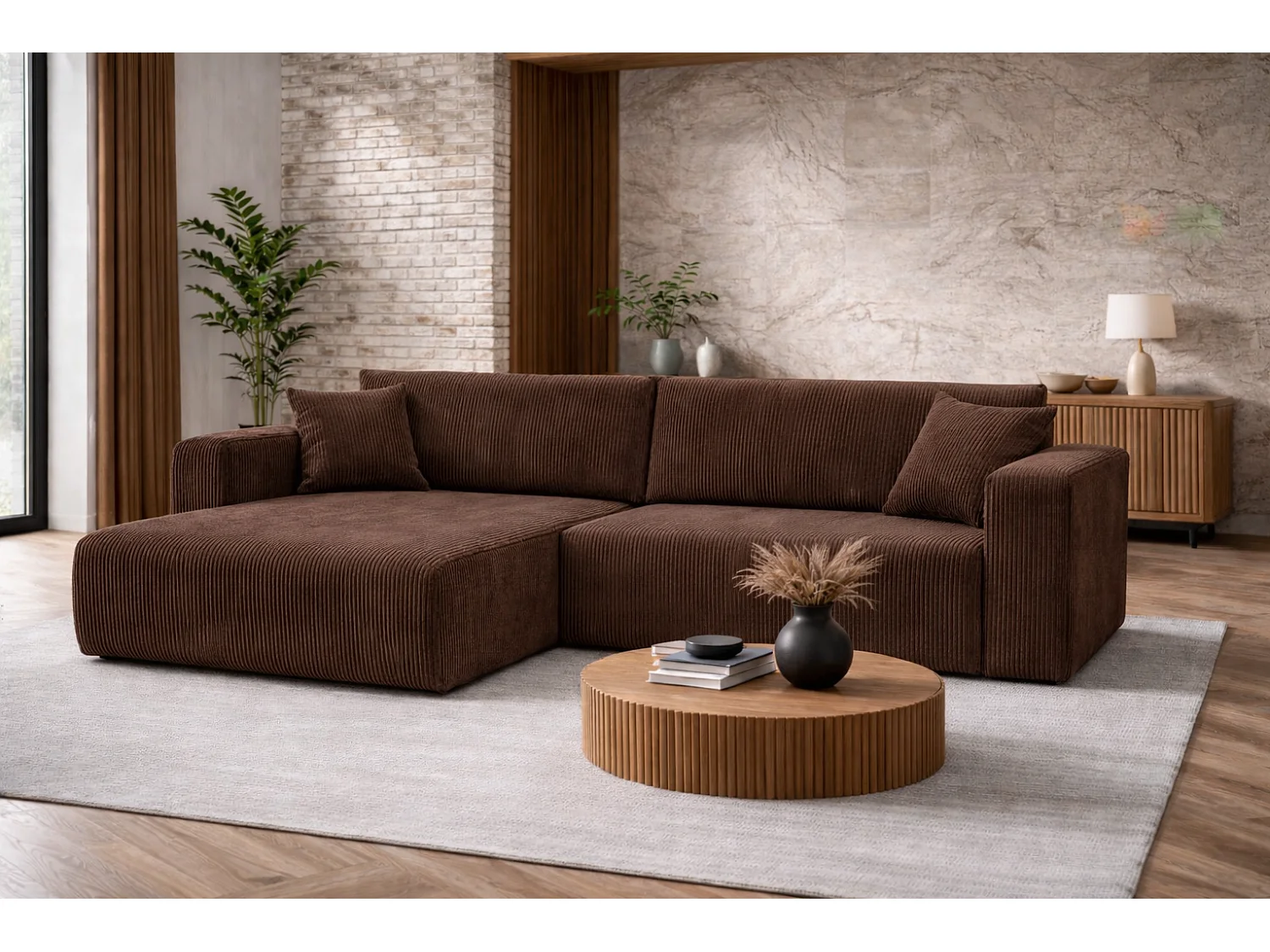 Canapé d’angle réversible FLORA L convertible – Velours côtelé brun chocolat, fonction couchage, grand coffre de rangement, angle universel gauche/droite