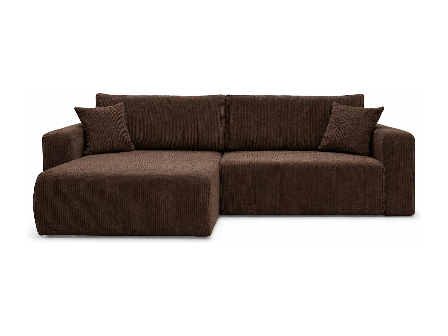 Canapé d’angle réversible FLORA L convertible – Velours côtelé brun chocolat, fonction couchage, grand coffre de rangement, angle universel gauche/droite