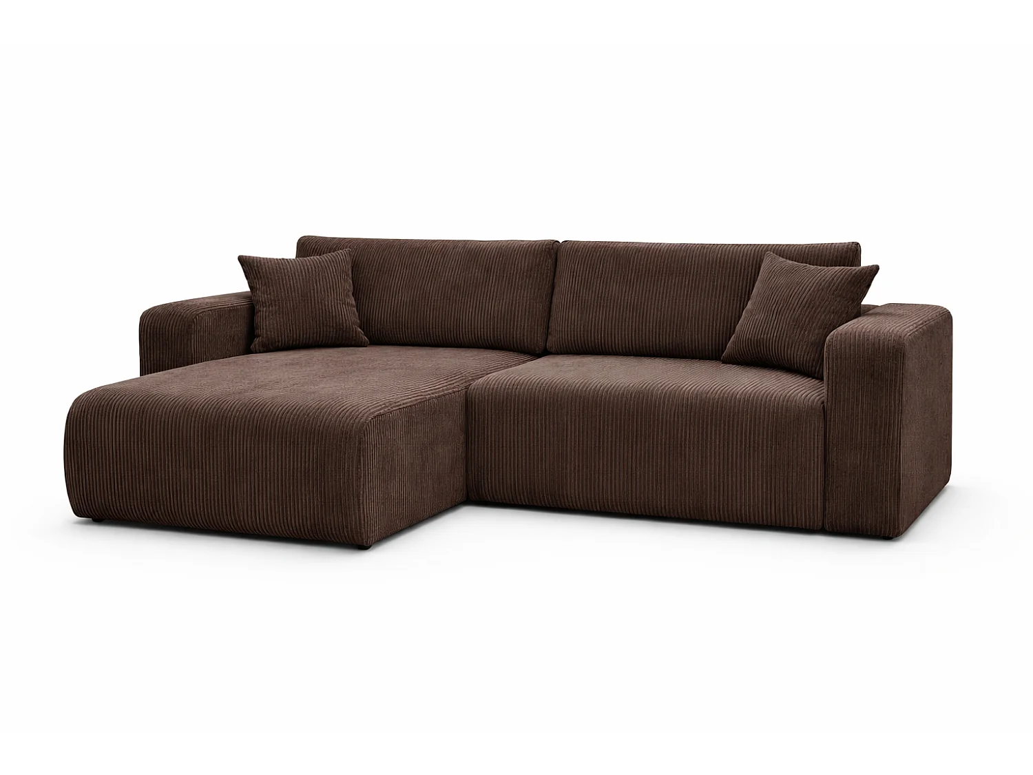 Canapé d’angle réversible GIORGIA L convertible – Velours côtelé brun chocolat, fonction couchage, grand coffre de rangement, angle universel gauche/droite