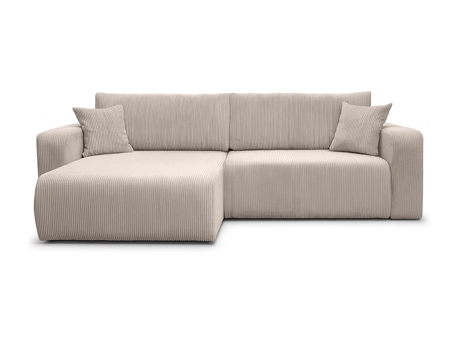 Canapé d’angle réversible FLORA L convertible – Velours côtelé beige, fonction couchage, grand coffre de rangement, angle universel gauche/droite