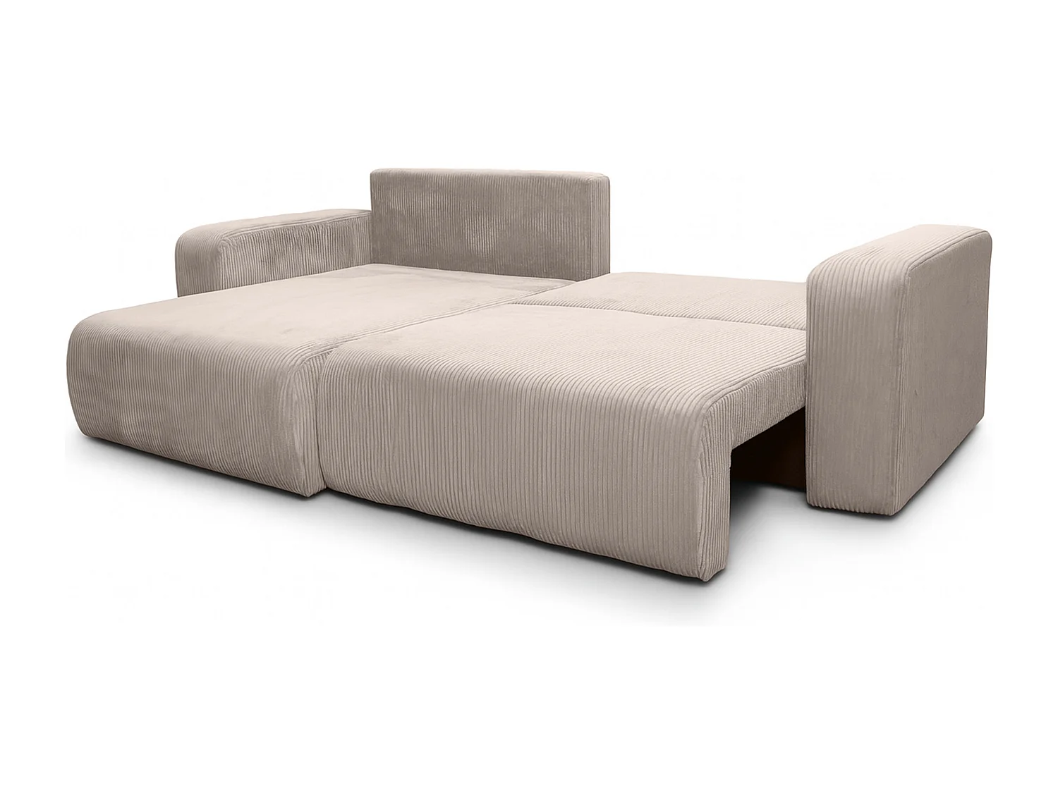 Canapé d’angle réversible FLORA L convertible – Velours côtelé beige, fonction couchage, grand coffre de rangement, angle universel gauche/droite