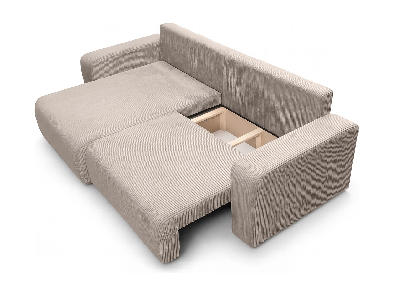 Canapé d’angle réversible FLORA L convertible – Velours côtelé beige, fonction couchage, grand coffre de rangement, angle universel gauche/droite